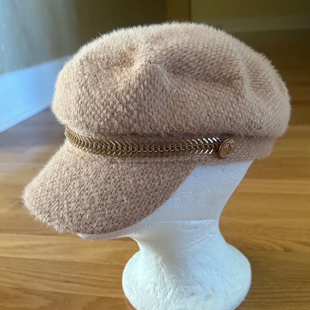 Newsboy Cabbie Hat Tan Gold Tone Chain Womens